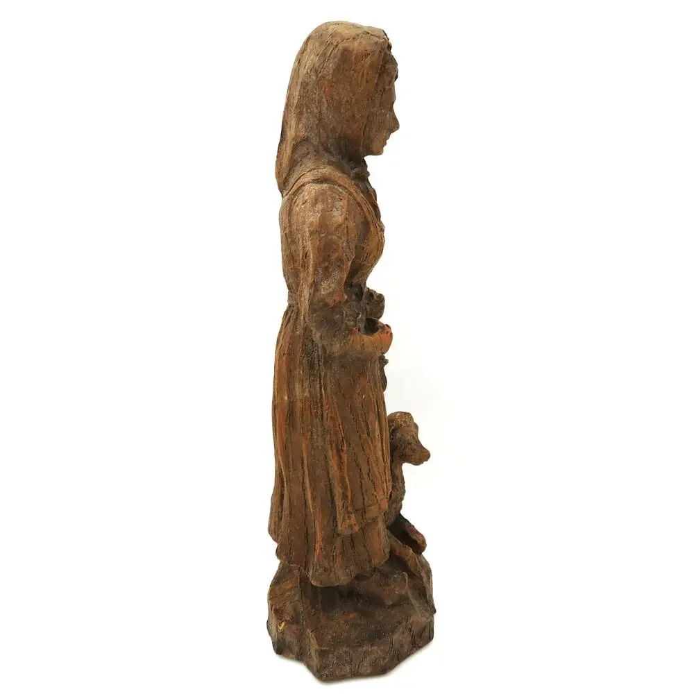 Vintage Carved Wood Woman with Lamb Figurine 8in Folk Art Naturholz Geschnitzt